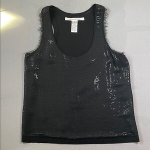Diane Von Furstenberg Sorcha Black Silk Sequin Scoop Neck Tank Top Eyelash Trim